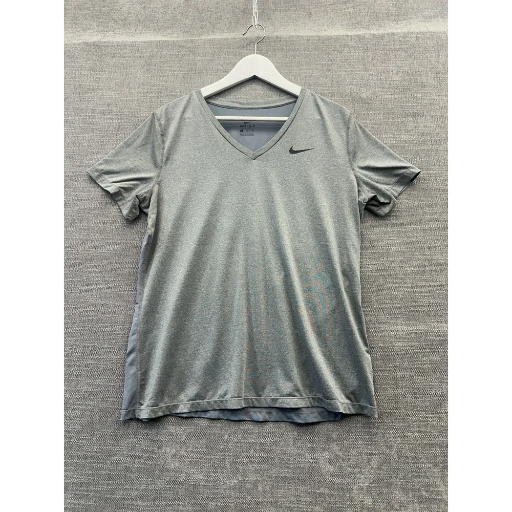 Nike Dri Fit Tee Shirt Mens XL Gray Swoosh‎ Logo Short Sleeve V Neck Streetwear